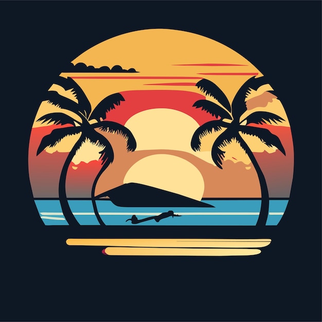 여름 해변 로고 디자인 또는 티셔츠 디자인 또는 서핑 보드 디자인