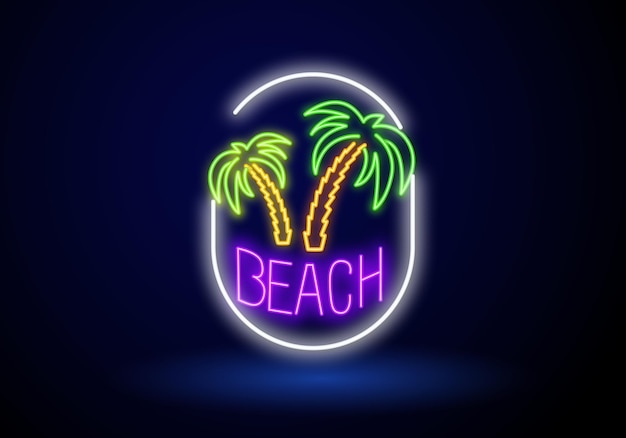 Летний пляж неоновая вывеска Неоновая вывеска яркая вывеска свет баннер Пальмовые листья Светящийся знак экзотических листьев кокосовой пальмы