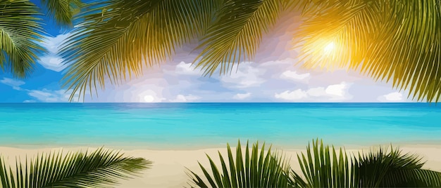 Vettore estate sulla spiaggia palme e piante intorno illustrazione vettoriale vacanze estive sulla costa del mare