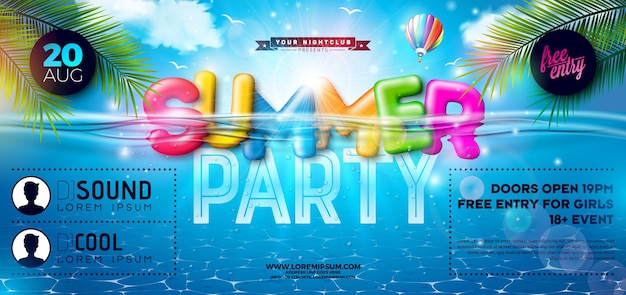 Vettore summer beach party banner design con testo 3d colorato nella tipografia dell'acqua sullo sfondo del mare blu