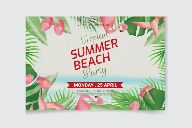 Summer beach party banner design with tropical palm leaves and flower.