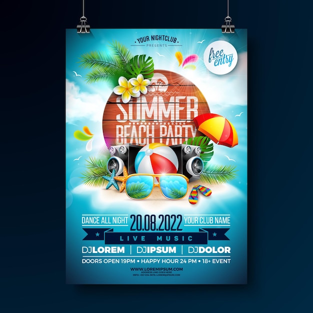 Summer beach party flyer design with sunglasses and speaker on sandy tropical island