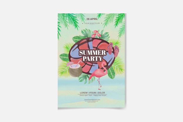 Summer beach party flyer design with tropical palm leaves and flower.