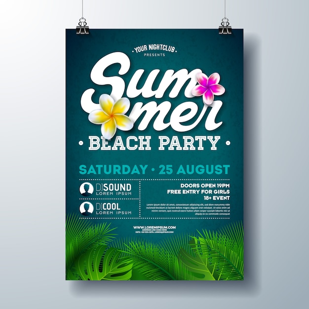 Vettore summer beach party volantino o poster design con foglie di palme e fiori tropicali