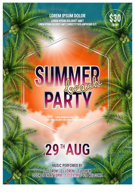 Modello di estate beach party flyer design con palme. poster vettoriale