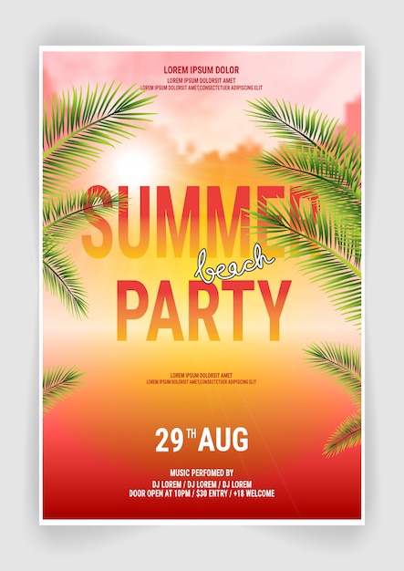 Vettore modello di summer beach party flyer design con design tipografico con palme