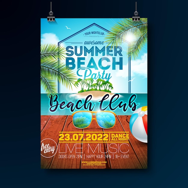 Vector summer beach party flyer with sunglasses and beach ball on ocean landscape with tropical island