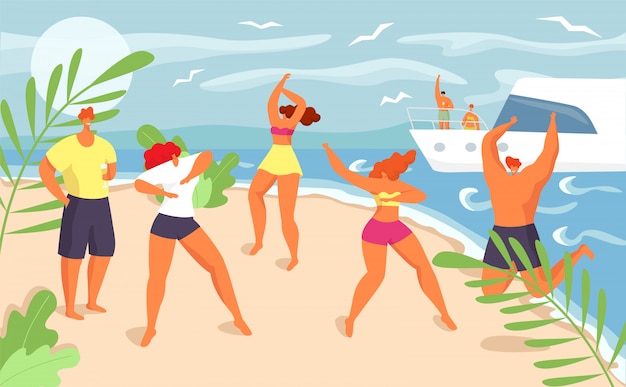 Vettore festa in spiaggia estiva in vacanza vacanza divertente, illustrazione. danza di gruppo del ragazzo della ragazza vicino al mare, gente felice della donna dell'uomo in bikini. bella celebrazione, felicità tropicale.