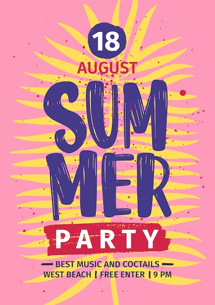 Vector summer beach party invitation or poster template with lettering handwritten against yellow exotic palm tree leaf on pink background.   i