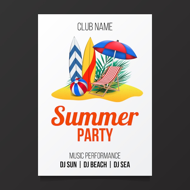 Aletta di filatoio del manifesto del partito della spiaggia di estate con l'illustrazione dell'isola