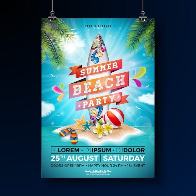 Vector summer beach party poster template design with flower and surf board.