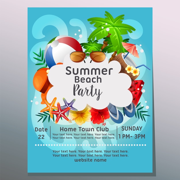 Summer beach party sea wave holiday poster template vector illustration