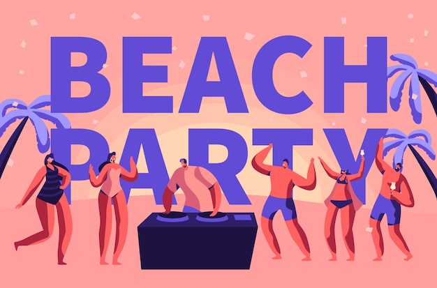 Vector summer beach party vacation rave typography banner. tropical club dj play music for people outdoor. character dance at holiday event advertising poster flat cartoon vector illustration