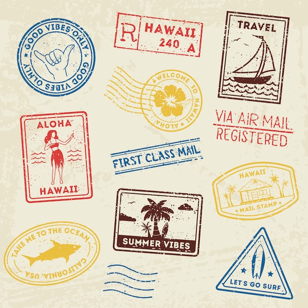 Vector summer beach post stamps.