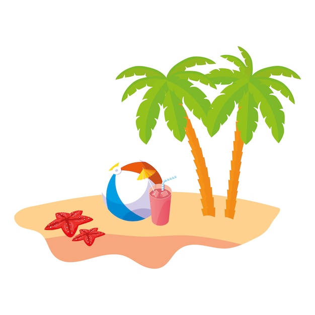 木のヤシの木と風船のおもちゃの夏のビーチシーン