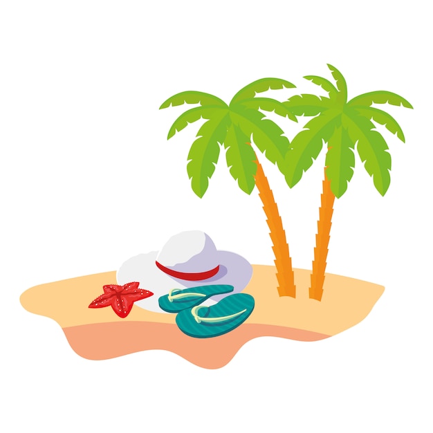 Summer beach scene with tree palms and flip flops