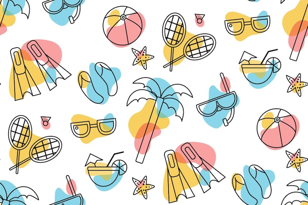 Summer beach seamless pattern, line art with abstract shapes. Ball, sun glasses, flippers, goggles