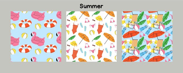 Vector summer beach seamless pattern umbrella sun lounger inflatable ring and ball summertime holiday journey sea vacation decor textile wrapping paper wallpaper design print for fabric vector