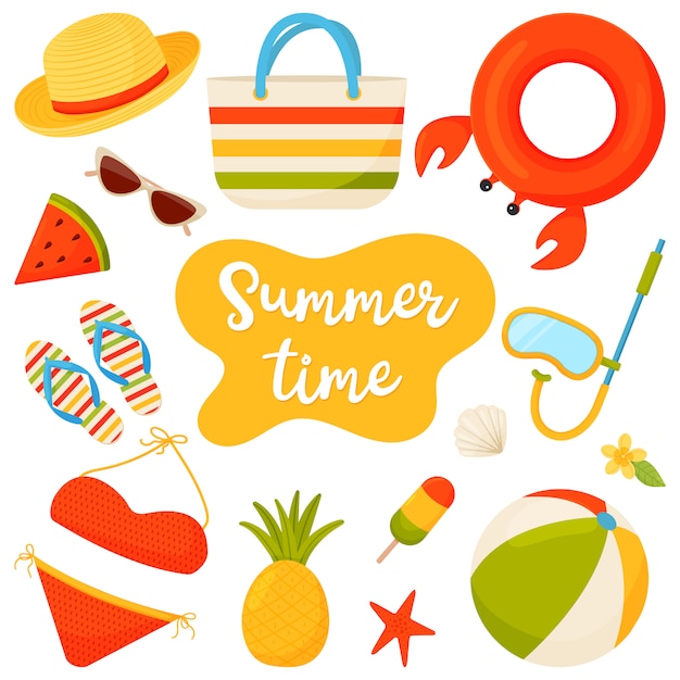 Vector summer beach set in a flat style isolated on white background.