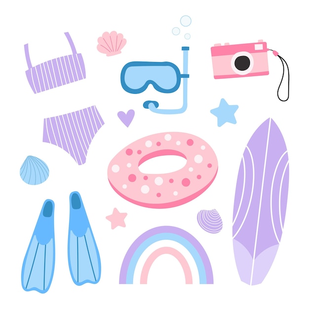 Summer beach set swimsuit camera swimming circle surfboard fins and mask rainbow starfish seashell