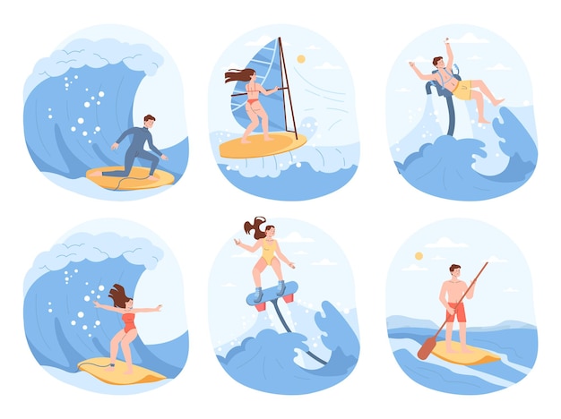 Summer beach sport character doing different water activity man and woman