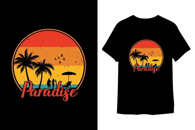 Design estivo di t-shirt grafica vettoriale con spiaggia e tramonto