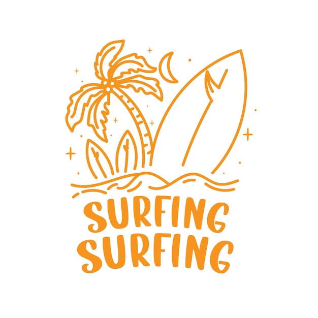 Vector summer beach surfing line illustration