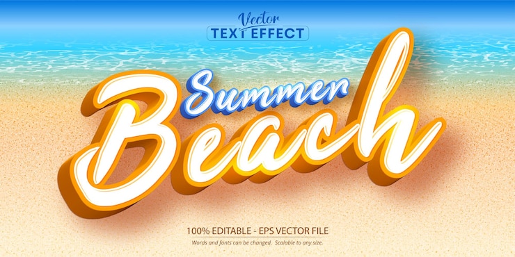 वेक्टर summer beach text, cartoon style editable text effect