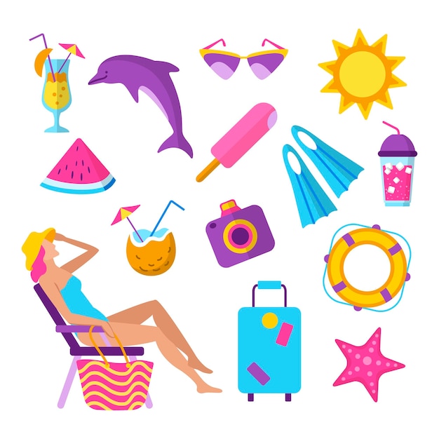 Summer beach vacation elements set Woman in bikini sunbathing on deckchair Sunglasses dolphin camera cocktail ice cream and other vector illustration Tropical relaxation at seascape accessories
