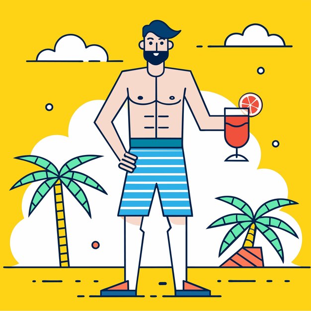 Vettore vacanze estive in spiaggia, costume da bagno turistico, disegnato a mano, cartone animato piatto e elegante.