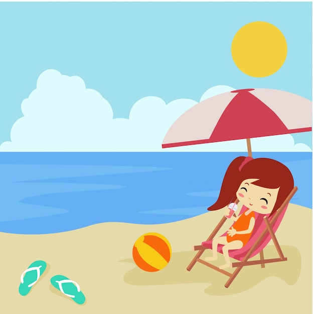 Summer beach vector illustration with cute icon and character