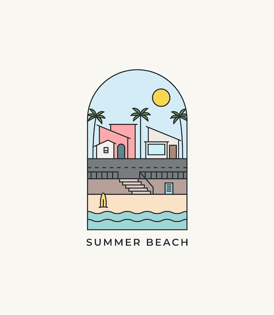 Giornata di sole delle vibrazioni della spiaggia estiva all'illustrazione colorata dell'icona vettoriale del logo del negozio di strada