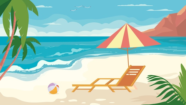 Summer beach view, banner in flat cartoon design. Seaside resort, sandy beach with sun lounger, ball, palm trees and leaves. Holidays on tropical island concept. Vector illustration of web background