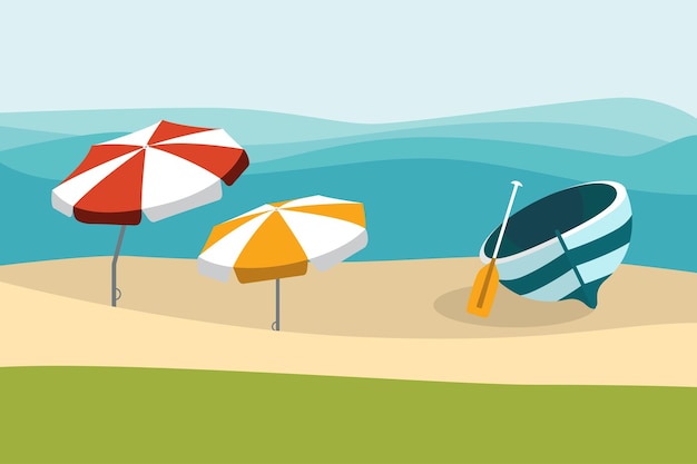 Summer beach with color umbrellas Flat design