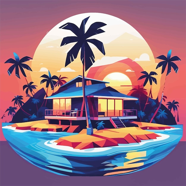 Vector summer beach with palm treesummer beach with palm treetropical island and palm tree on sunset beach