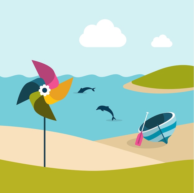 Summer beach with yellow umbrella Flat design