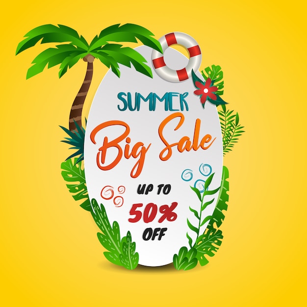 Summer big sale tropical theme with yellow background