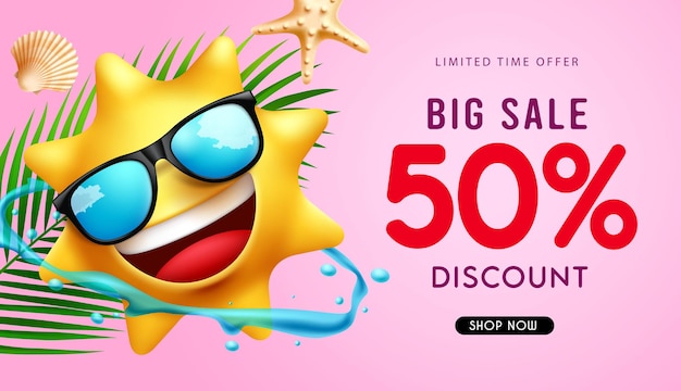 Summer big sale vector banner design summer big sale 50 discount text with sun emoji character