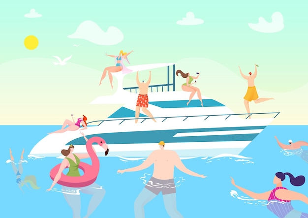 Vector summer boat travel at vacation, people at ocean yacht cruise illustration