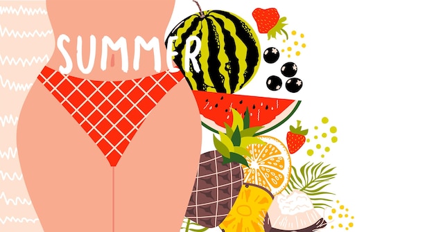 Summer border Female hips Fresh tropical fruits sliced pieces Lettering