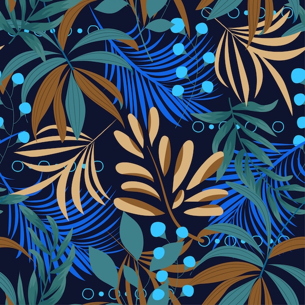 Summer bright seamless pattern with colorful tropical leaves and plants on a dark background