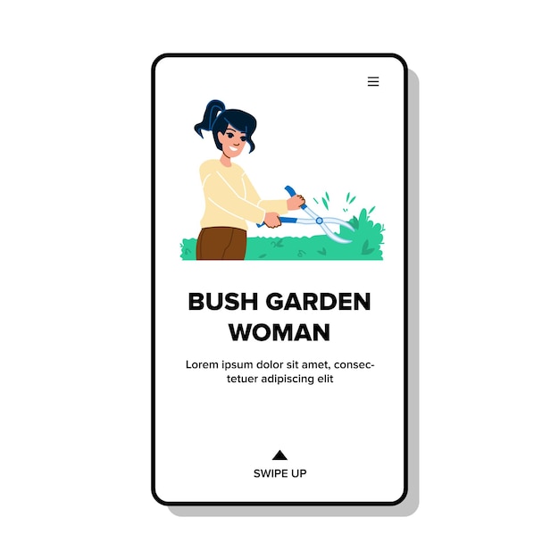 Summer bush garden woman vector green ing work agriculture person care summer bush garden woman web flat cartoon illustration