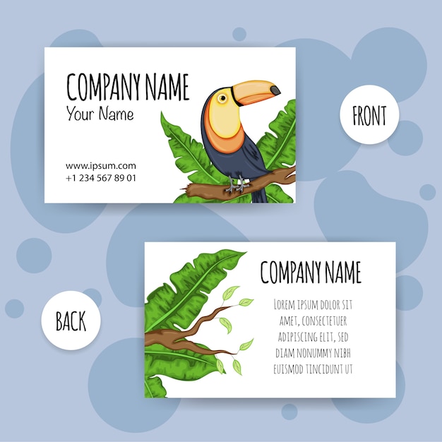 Summer business card with toucan bird. cartoon style.
