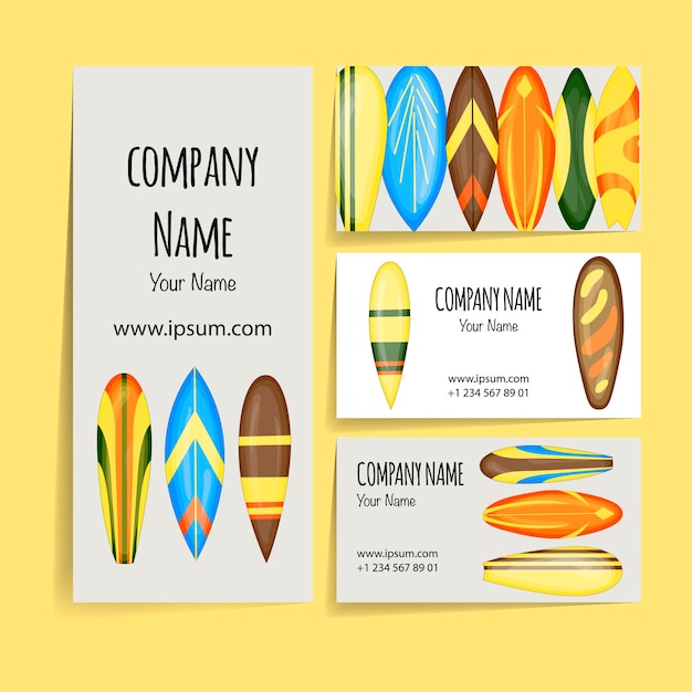 Summer business cards for surfing company. cartoon style. vector illustration.