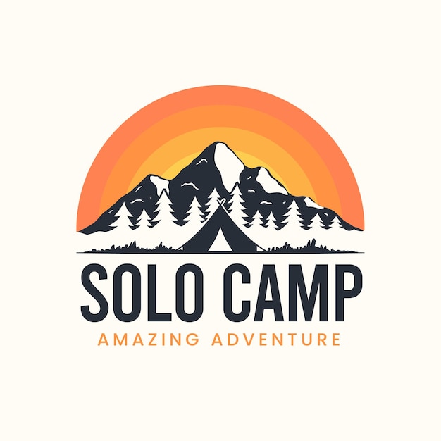山のイラストのロゴとサマーキャンプの冒険