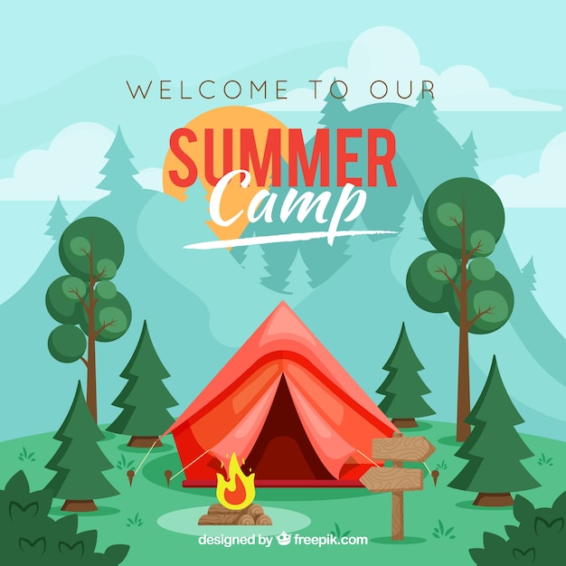 summer camp background with red tent