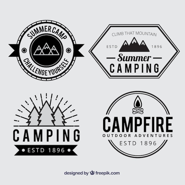 Summer camp badges in black and white