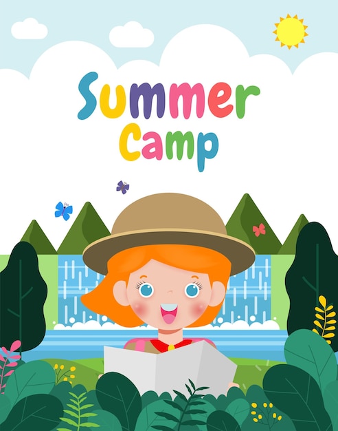 summer camp banner template background kids wear scout honor uniform education for advertising