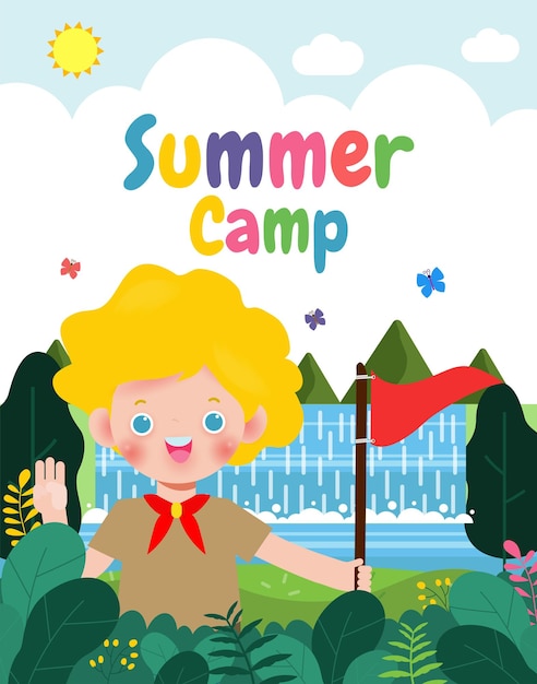 summer camp banner template background kids wear scout honor uniform education for advertising