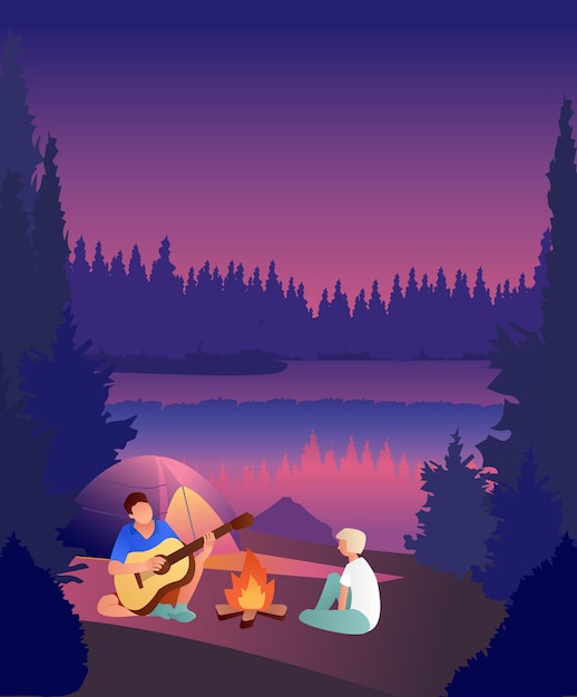 Summer camp boy playing guitar friends near campfire with tent summertime vacation traveling trip